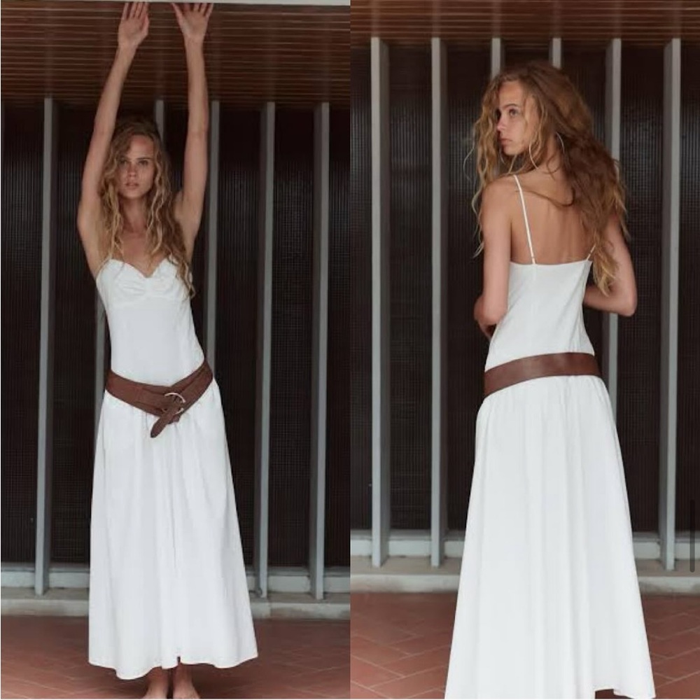 Zara White Cotton Maxi Strappy Gabardine Dress V Neck Flounced hem size XS NWT - Picture 4 of 16